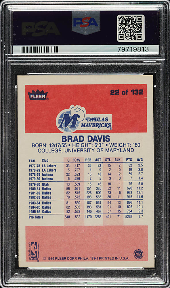 1986-1987 Fleer Basketball #22 Brad Davis PSA GEM MINT 10