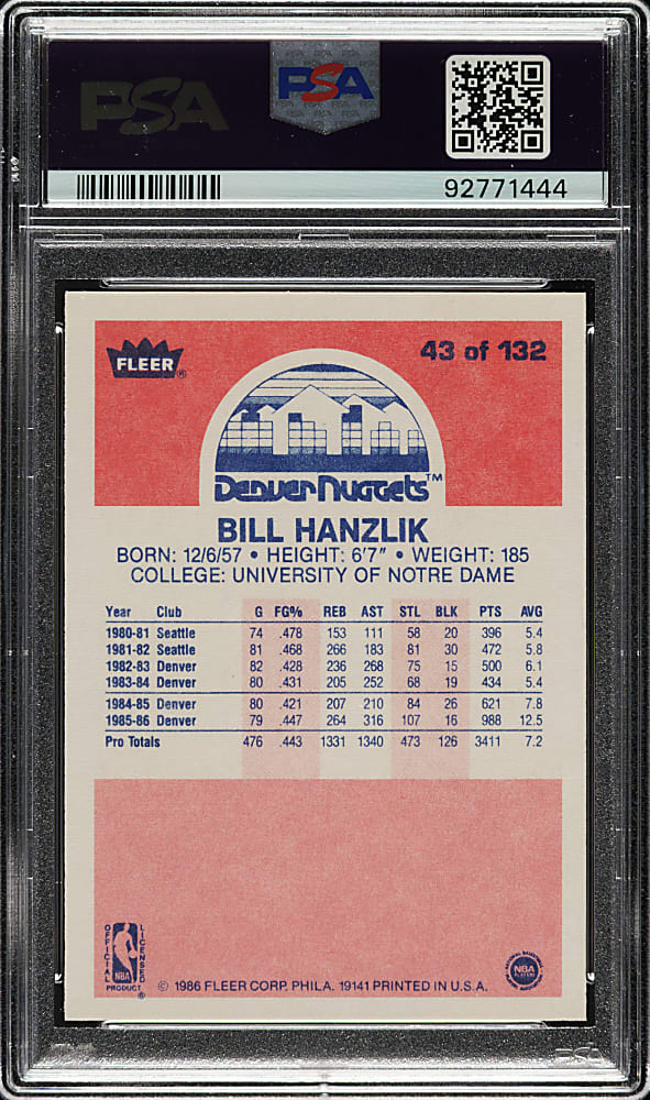 1986-1987 Fleer Basketball #43 Bill Hanzlik PSA GEM MINT 10