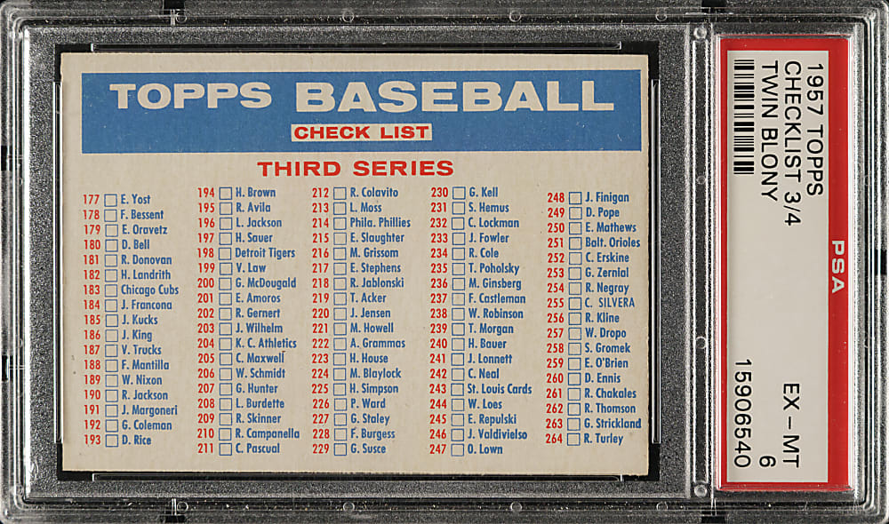 1957 Topps Checklist 3/4 (Twin Blony) PSA EX-MT 6