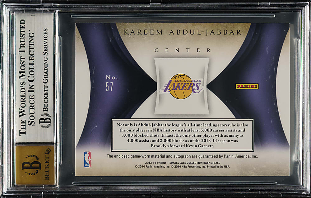 2013-2014 Panini Immaculate Collection Premium Autograph Patches Basketball #57 Kareem Abdul-Jabbar #2/10 BGS MINT 9 with GEM 10 Signature