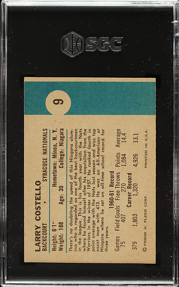 1961-1962 Fleer Basketball #9 Larry Costello SGC NM/MT 8