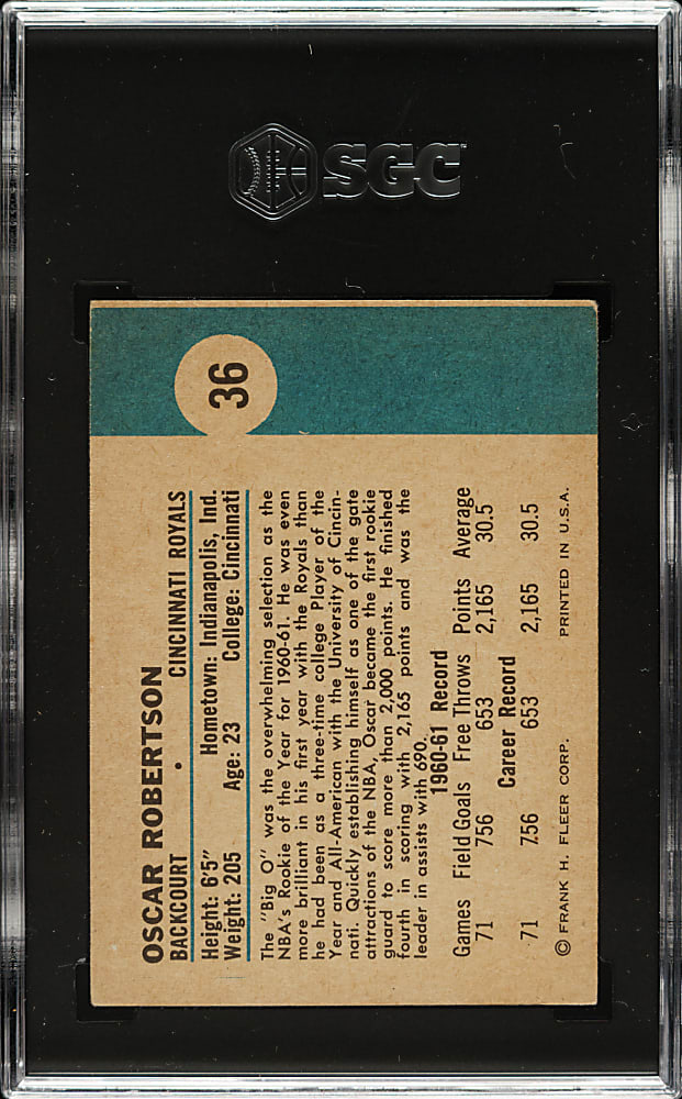1961-1962 Fleer Basketball #36 Oscar Robertson Rookie SGC VG+ 3.5
