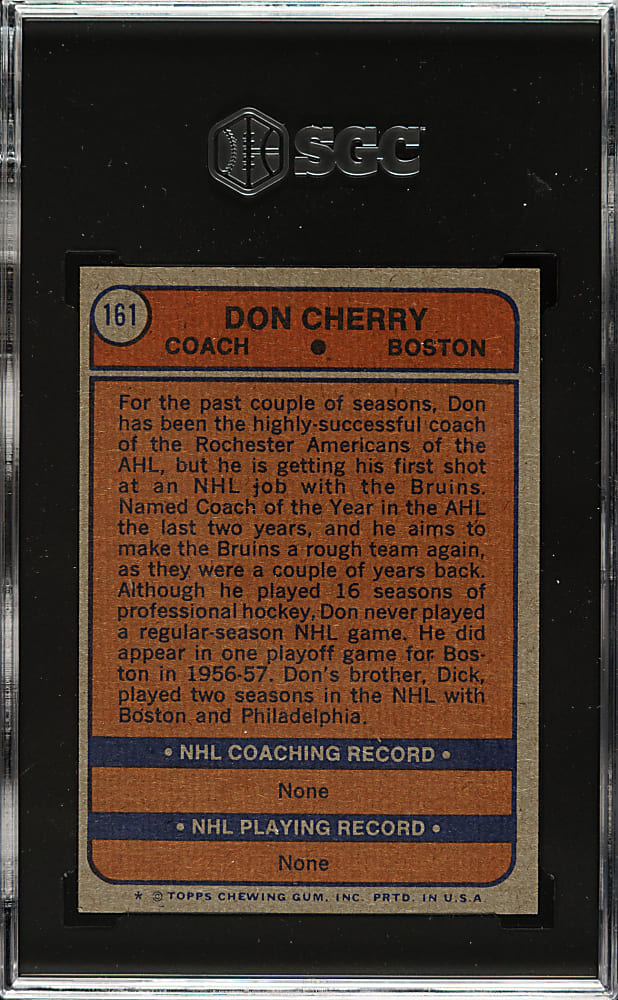 1974-1975 Topps Hockey #161 Don Cherry SGC NM/MT+ 8.5
