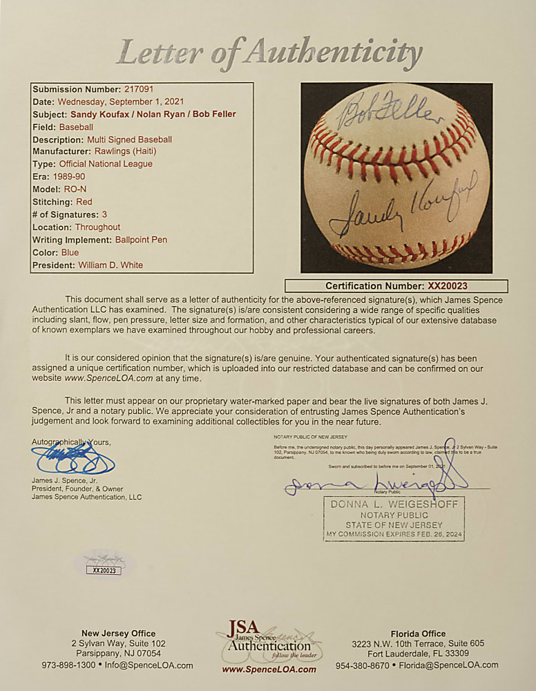 Sandy Koufax, Nolan Ryan, and Bob Feller Multi-Signed Baseball - JSA