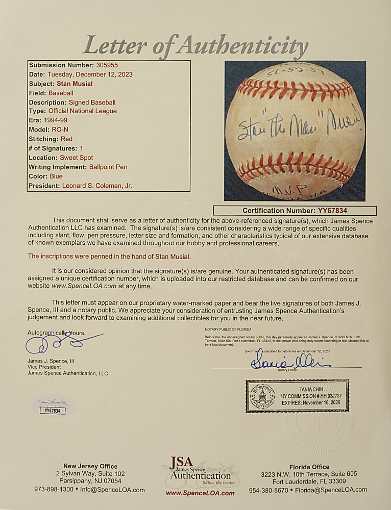 Stan Musial Single-Signed "Stat" Baseball - JSA