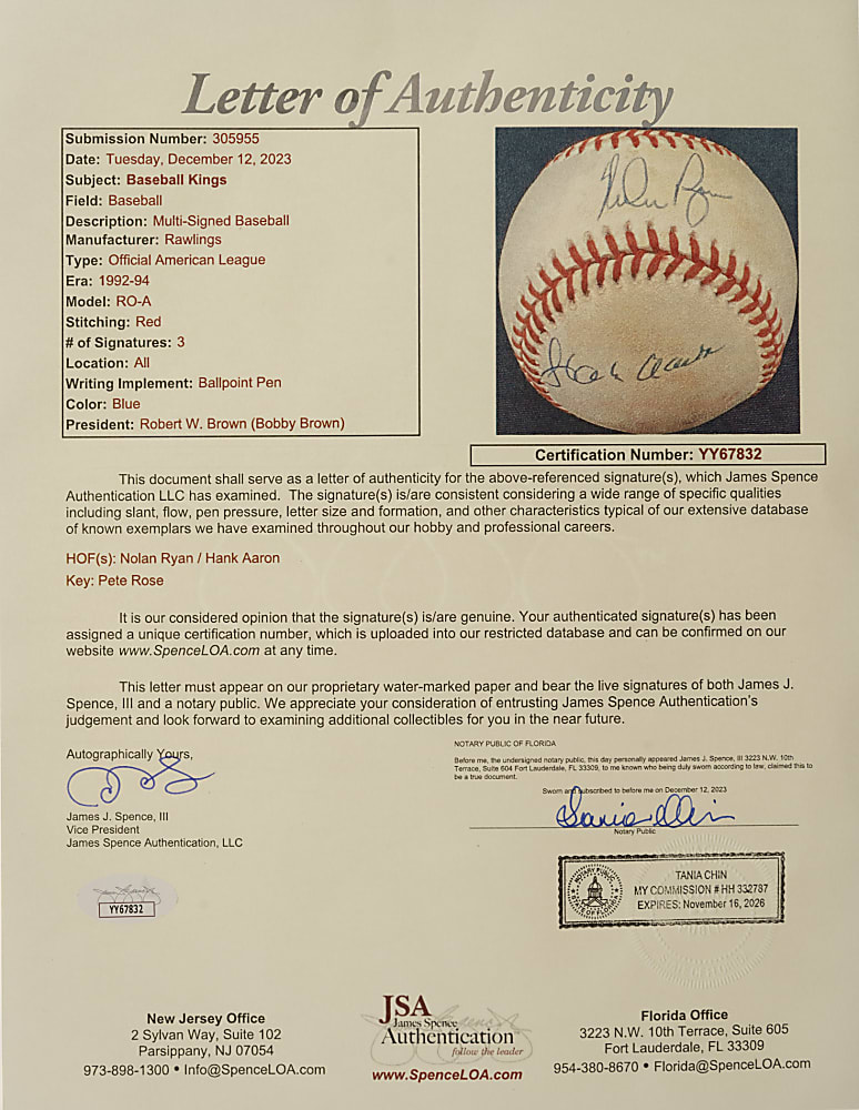 Hank Aaron, Nolan Ryan, and Pete Rose Multi-Signed Baseball - JSA