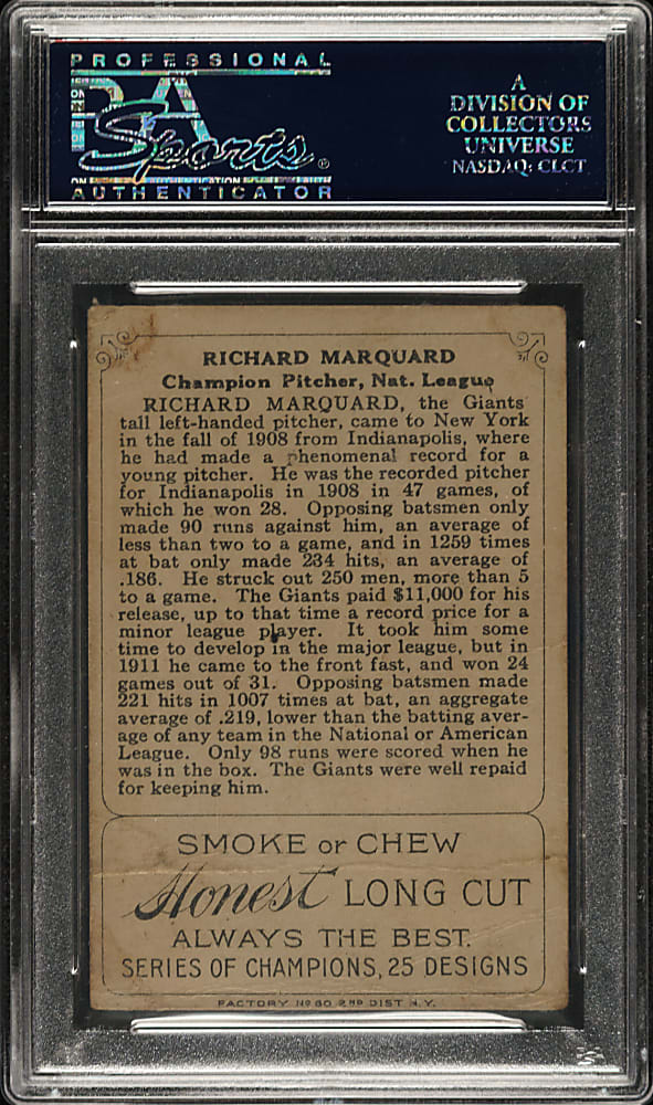 1912 T227 "Series of Champions" Rube Marquard (Honest Long Cut) PSA FAIR 1.5