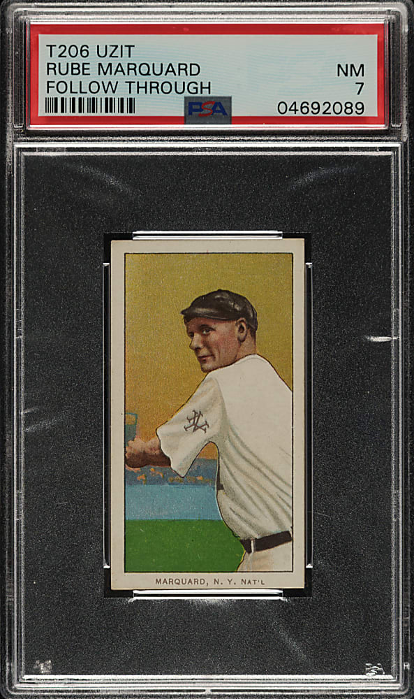 1909-1911 T206 White Border Rube Marquard Follow Through PSA NM 7 - Uzit Back - 1 of 1 - Highest Graded!