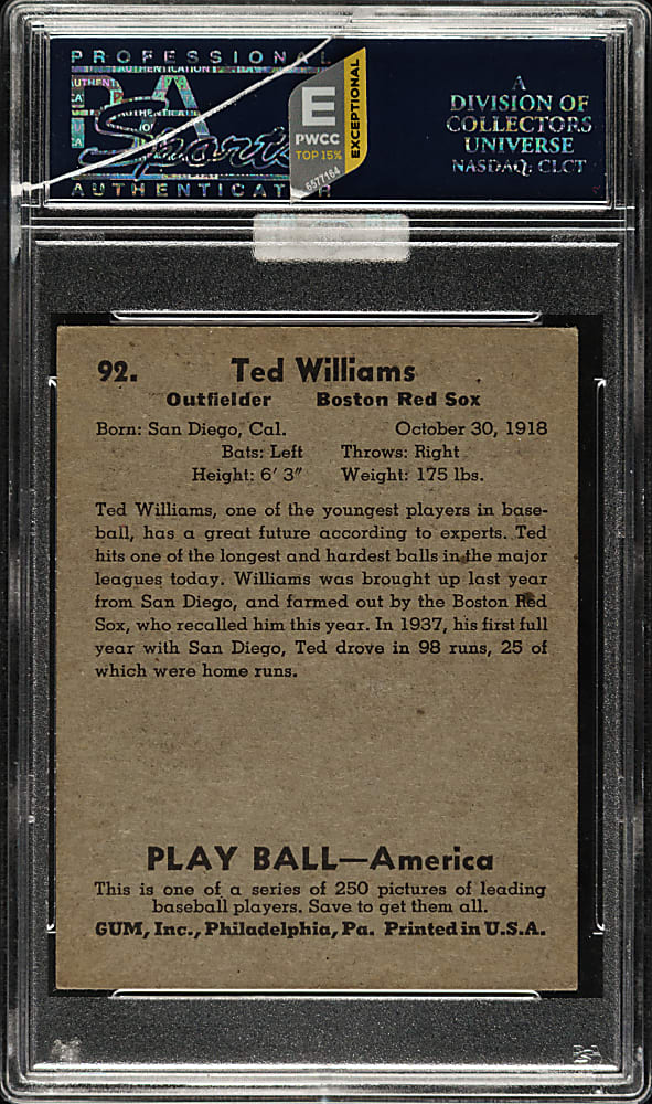 1939 R334 Play Ball #92 Ted Williams Rookie PSA EX 5 (MBA Gold Diamond)
