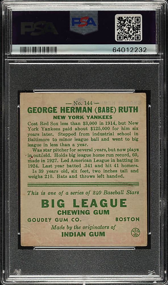 1933 R319 Goudey #144 Babe Ruth PSA VG 3
