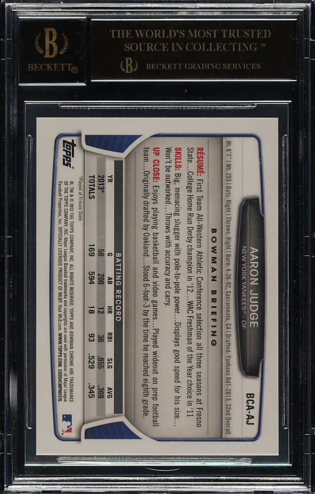 2013 Bowman Chrome Draft Pick Autographs #BCA-AJ Aaron Judge Rookie BGS PRISTINE 10 with GEM MINT 10 Signature
