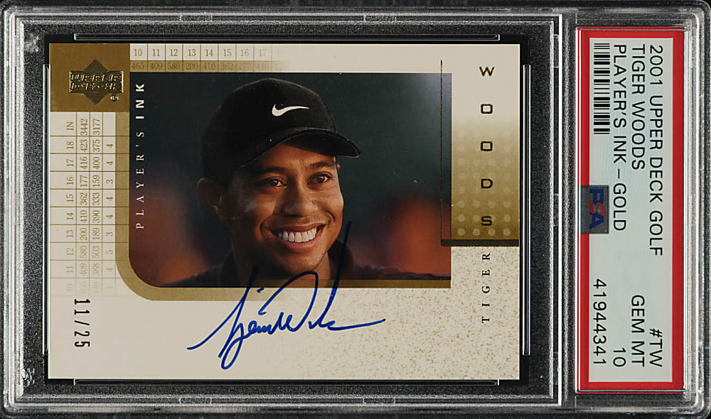 2001 Upper Deck Golf Player's Ink Autographs #TW Tiger Woods Rookie Gold #11/25 PSA GEM MINT 10