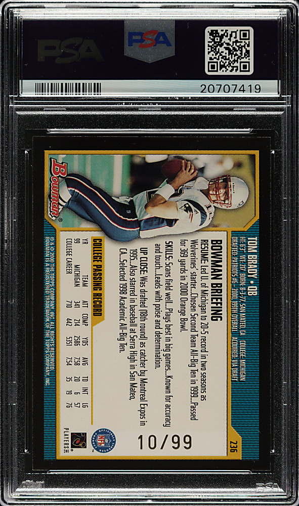 2000 Bowman Football #236 Tom Brady Rookie Gold #10/99 PSA GEM MINT 10 - 1 of 3!