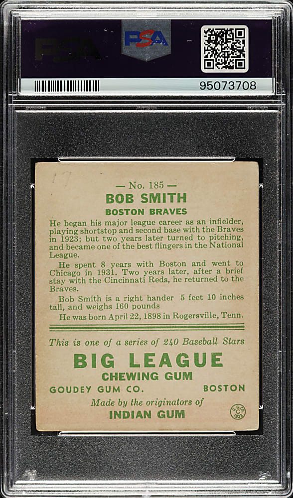 Signed 1933 R319 Goudey #185 Bob Smith PSA GOOD 2 (MK) with NM-MT 8 Signature