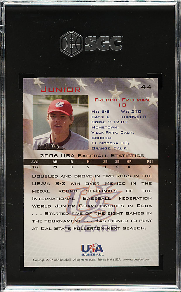 2007 USA Baseball #44 Freddie Freeman Junior National Team SGC GEM MINT 10