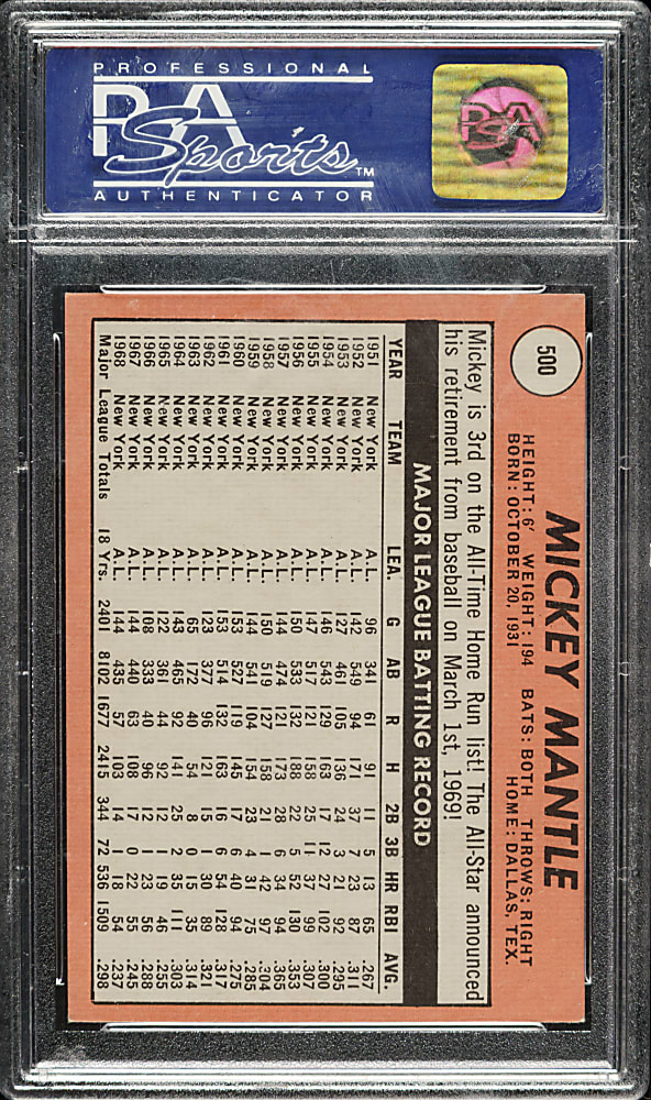 1969 Topps #500 Mickey Mantle PSA EX-MT 6