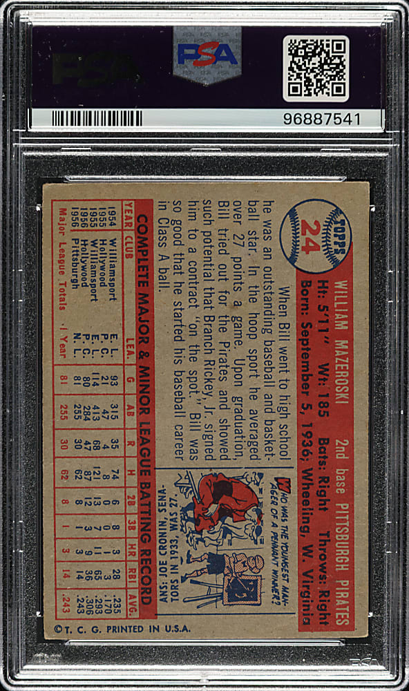 Signed 1957 Topps #24 Bill Mazeroski Rookie PSA VG-EX 4 with GEM MINT 10 Signature