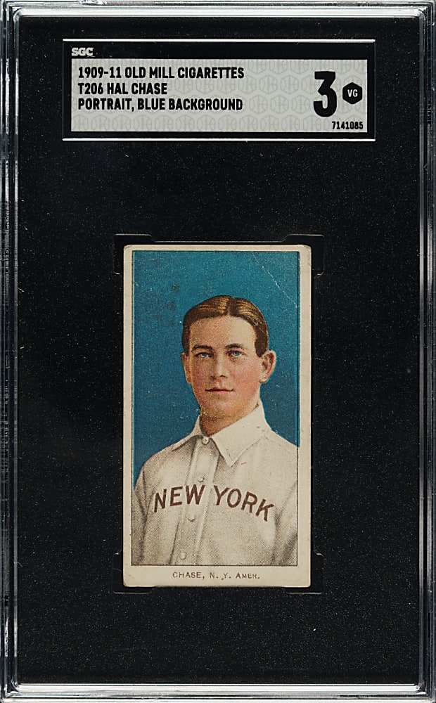 1909-1911 T206 White Border Hal Chase Portrait Blue Background SGC VG 3 - Old Mill Back