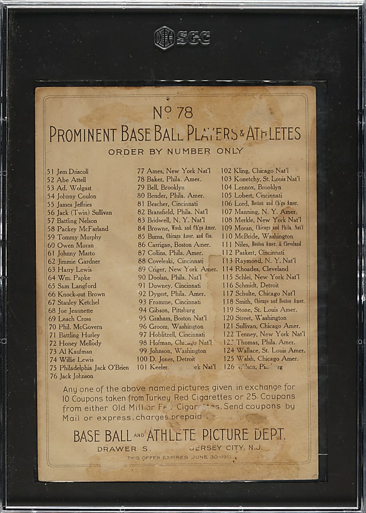 1911 T3 Turkey Red #78 Home Run Baker SGC POOR 1