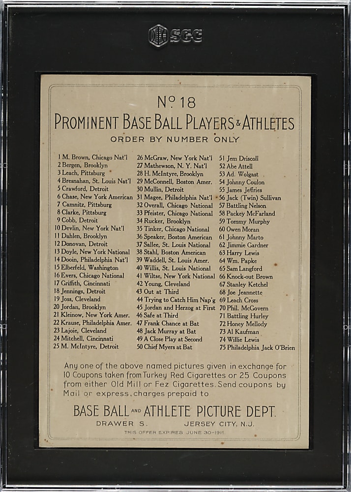 1911 T3 Turkey Red #18 Hughie Jennings SGC Authentic