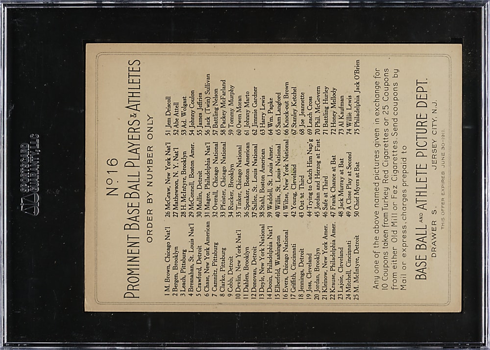 1911 T3 Turkey Red # 16 Johnny Evers SGC VG/EX 50