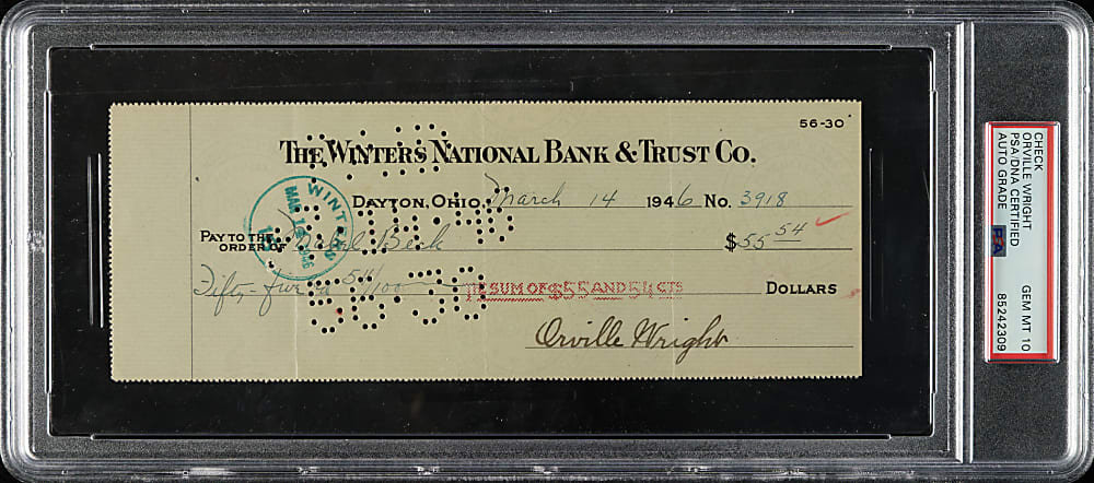 1946 Orville Wright Signed Check PSA/DNA GEM MINT 10
