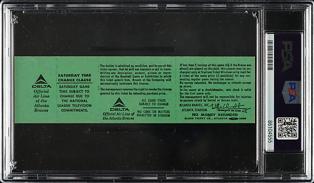 April 8, 1974 Atlanta Braves (vs. Los Angeles Dodgers) Full Proof Ticket Signed by Hank Aaron PSA NM-MT 8 with GEM MINT 10 Signature