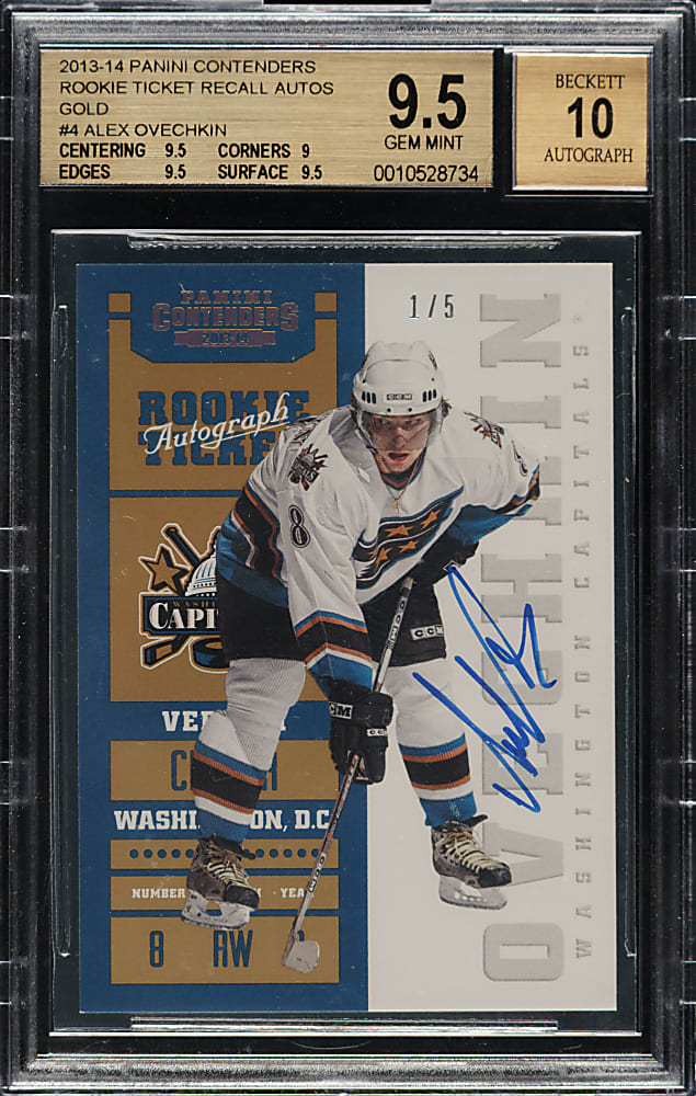 2013-2014 Panini Contenders Rookie Ticket Recall Autograph Hockey #4 Alexander Ovechkin Rookie Gold #1/5 BGS GEM MINT 9.5 with GEM MINT 10 Signature