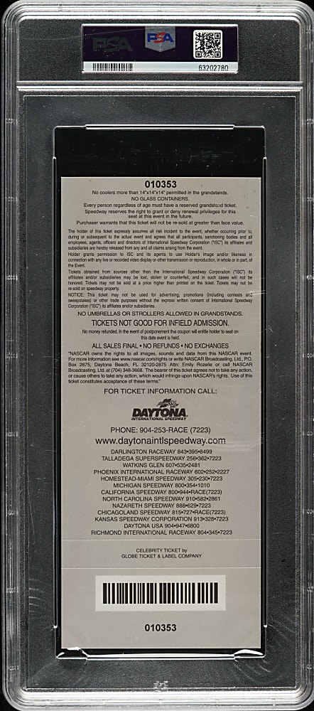 February 18, 2001 Daytona 500 Full Ticket Stub PSA EX-MT 6 - Dale Earnhardt's Last Race