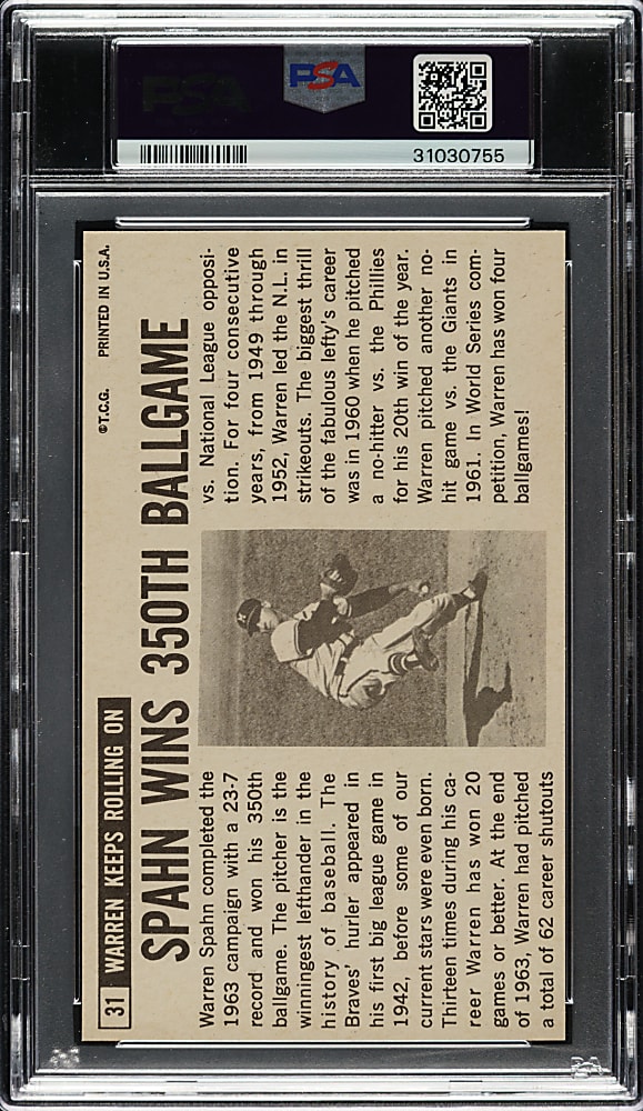 1964 Topps Giants #31 Warren Spahn PSA GEM MINT 10