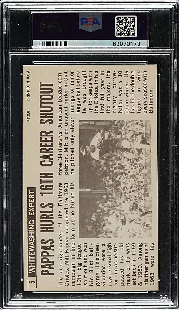 1964 Topps Giants #5 Milt Pappas PSA GEM MINT 10