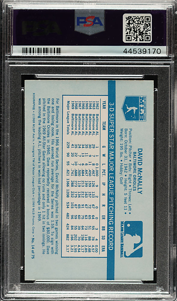 1970 Kellogg's #14 Dave McNally PSA GEM MINT 10