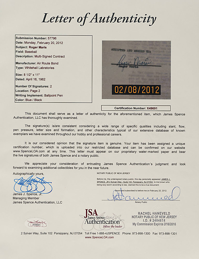 1962 Roger Maris Signed Contract - JSA