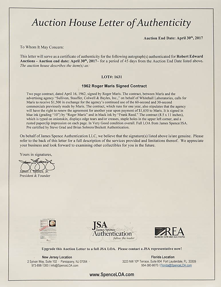 1962 Roger Maris Signed Contract - JSA