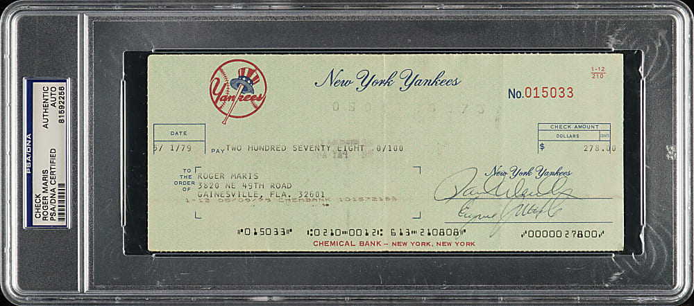 1979 Roger Maris Endorsed New York Yankees Payroll Check - PSA/DNA