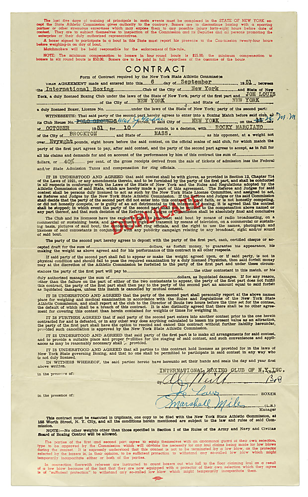 1951 Joe Louis Signed Fight Contract (vs. Rocky Marciano) - Louis' Last Fight - PSA/DNA and JSA
