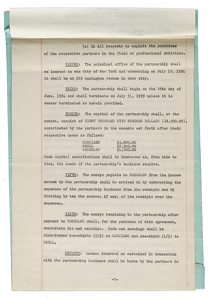 1954 Rocky Marciano Signed Amusement Enterprises Contract- Signed "Rocco Marchegiano" - PSA/DNA