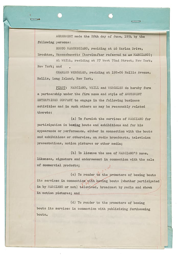 1954 Rocky Marciano Signed Amusement Enterprises Contract- Signed "Rocco Marchegiano" - PSA/DNA