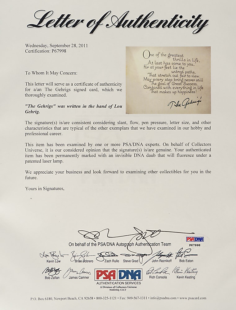 Circa 1930 Lou Gehrig Signed Graduation Card - PSA/DNA