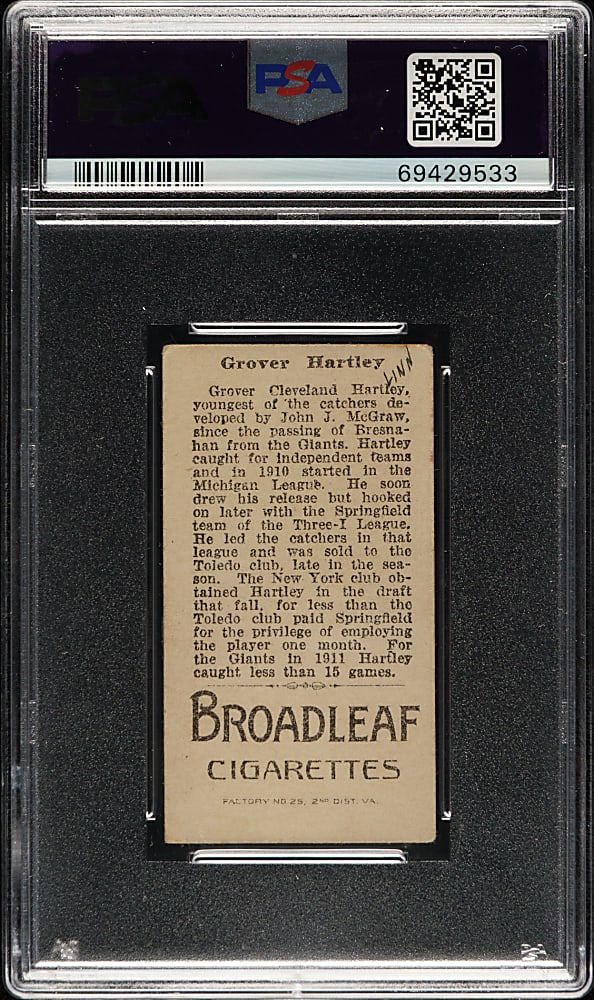 1912 T207 Brown Background Grover Hartley PSA VG 3 (MK)
