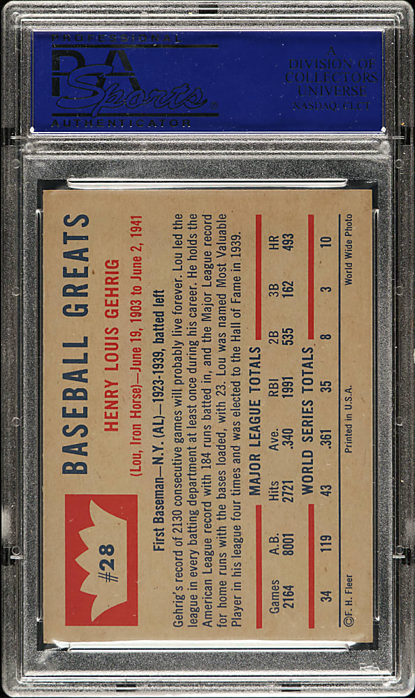1960 Fleer Baseball Greats #28 Lou Gehrig PSA MINT 9