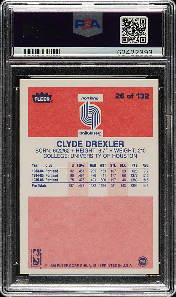 1986-1987 Fleer Basketball #26 Clyde Drexler Rookie PSA MINT 9
