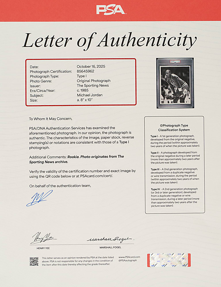 Circa 1985 Michael Jordan Rookie Original The Sporting News Photograph PSA/DNA Type I