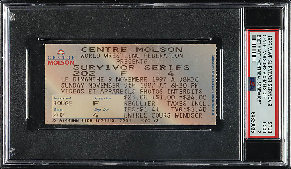 November 9, 1997 WWF Survivor Series Ticket Stub PSA GOOD 2 - Shawn Michaels Defeats Bret Hart