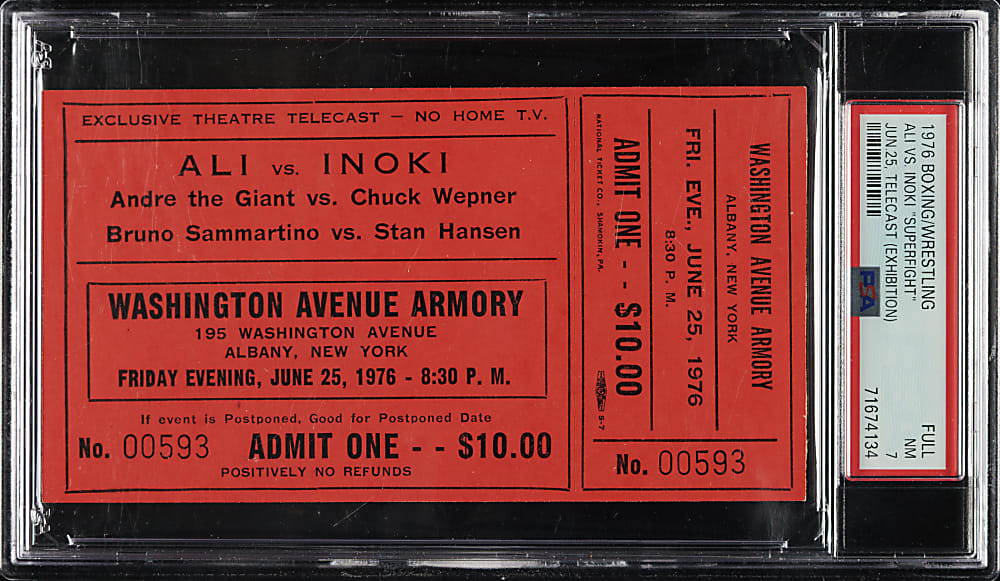 June 25, 1976 Boxing/Wrestling Full Ticket PSA NM 7 - Muhammad Ali vs. Antonio Inoki