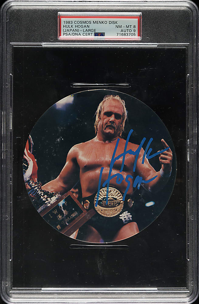 Signed 1983 Cosmos Menko Disk Large Hulk Hogan PSA NM-MT 8 with MINT 9 Signature