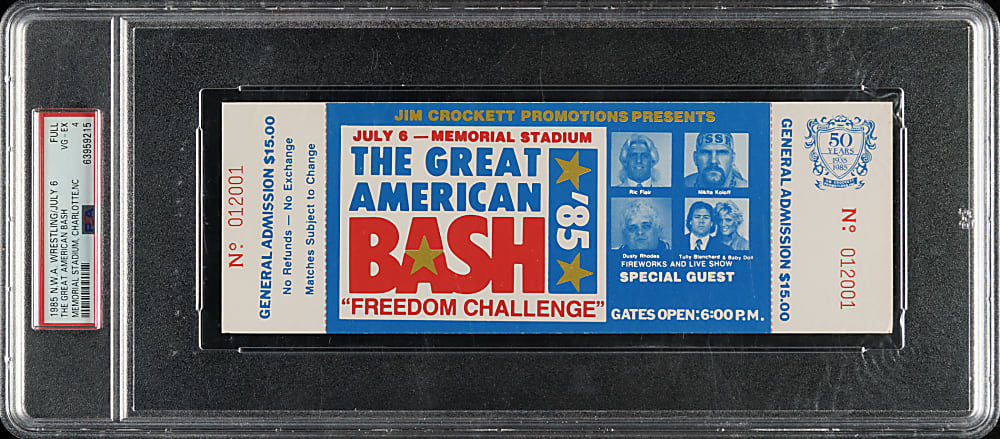 July 6, 1985 N. W. A. Wrestling The Great American Bash Full Ticket PSA VG-EX 4