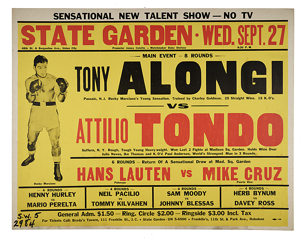 1961 Tony Alongi vs. Attilio Tondo On-Site Fight Poster - Rocky Marciano's Protege!