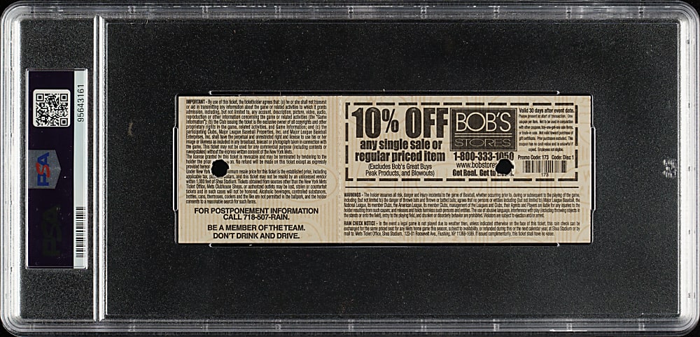 September 21, 2001 New York Mets (vs. Atlanta Braves) Full Ticket PSA NM 7 - Mike Piazza Game-Winning Home Run