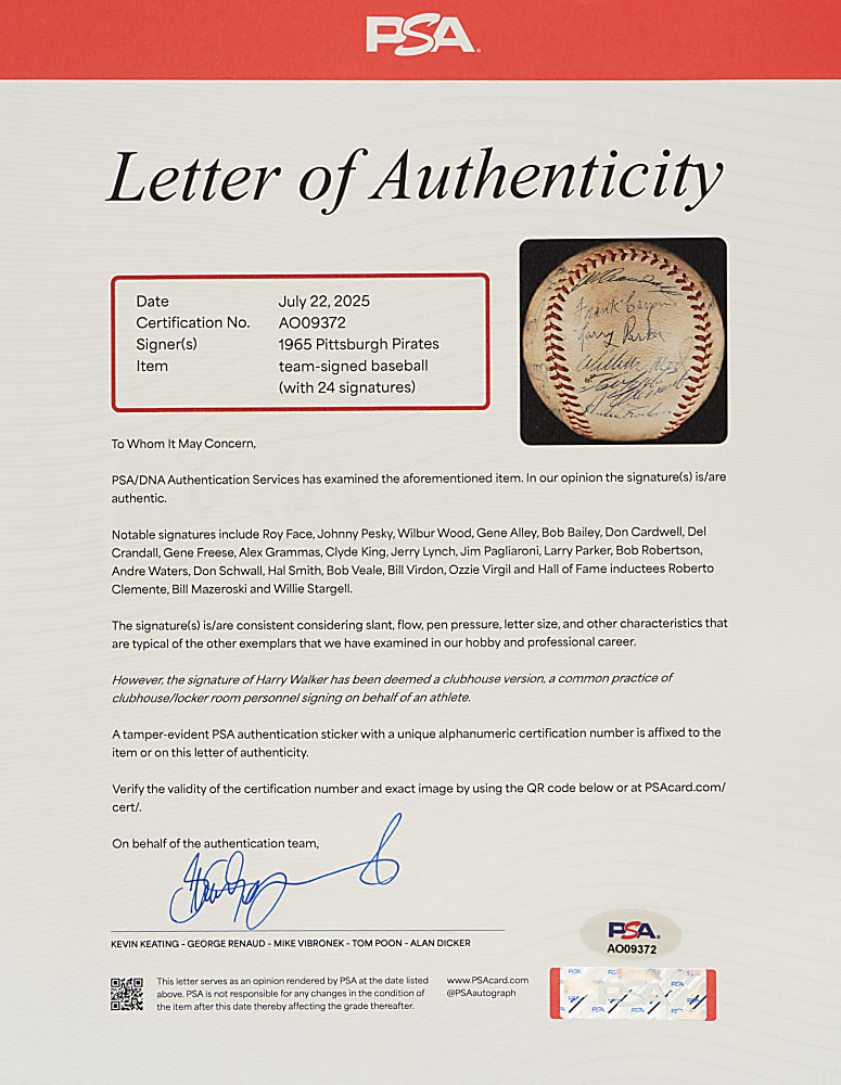 1965 Pittsburgh Pirates Team-Signed Baseball with Roberto Clemente, Willie Stargell, and Bill Mazeroski - PSA/DNA